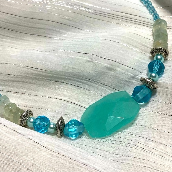 Hand crafted Aqua Blue Mixed Media Beaded Necklace - Picture 2 of 4